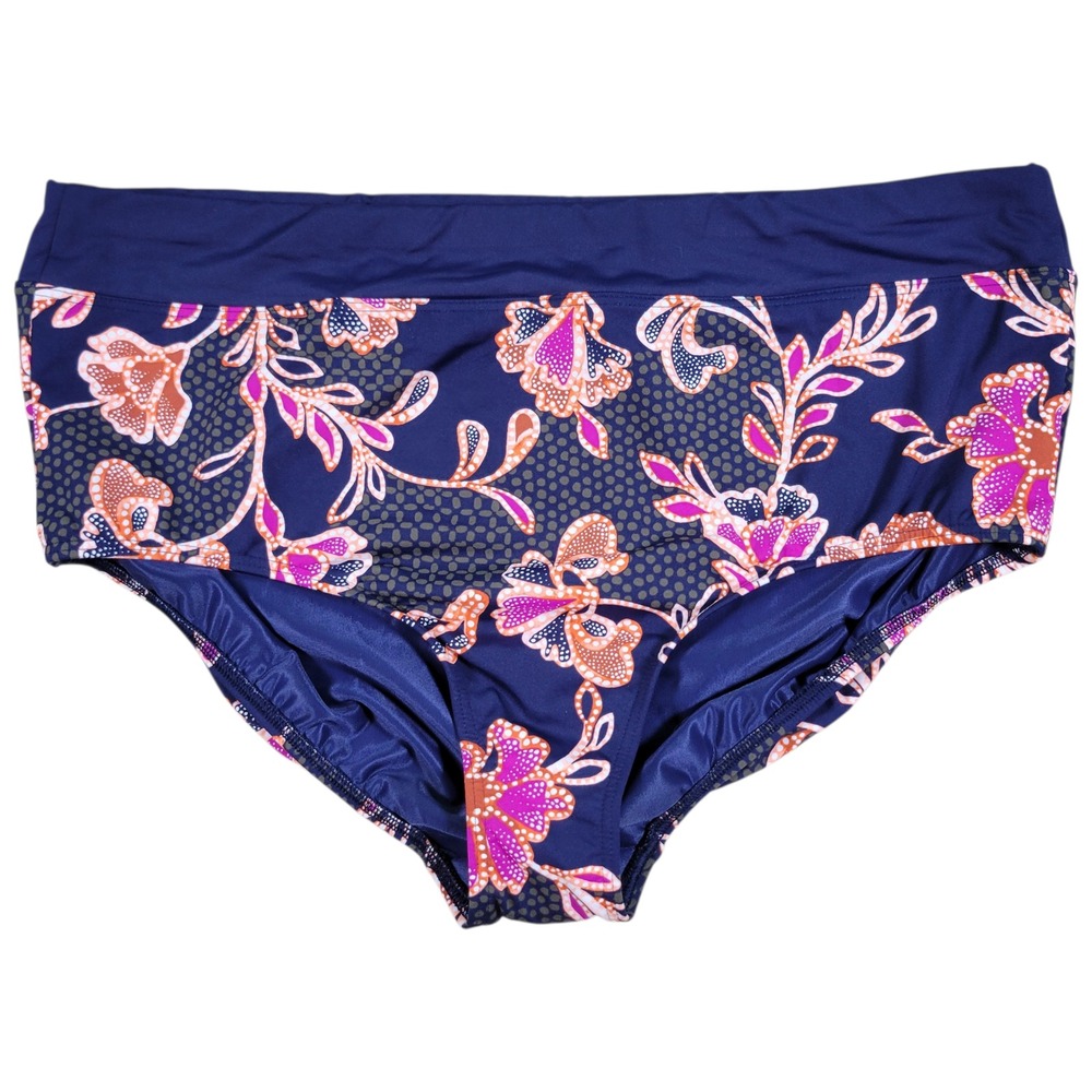 Lands End Floral Bikini Bottoms Womens XL Navy Blue Pink High Waisted Swim Brief